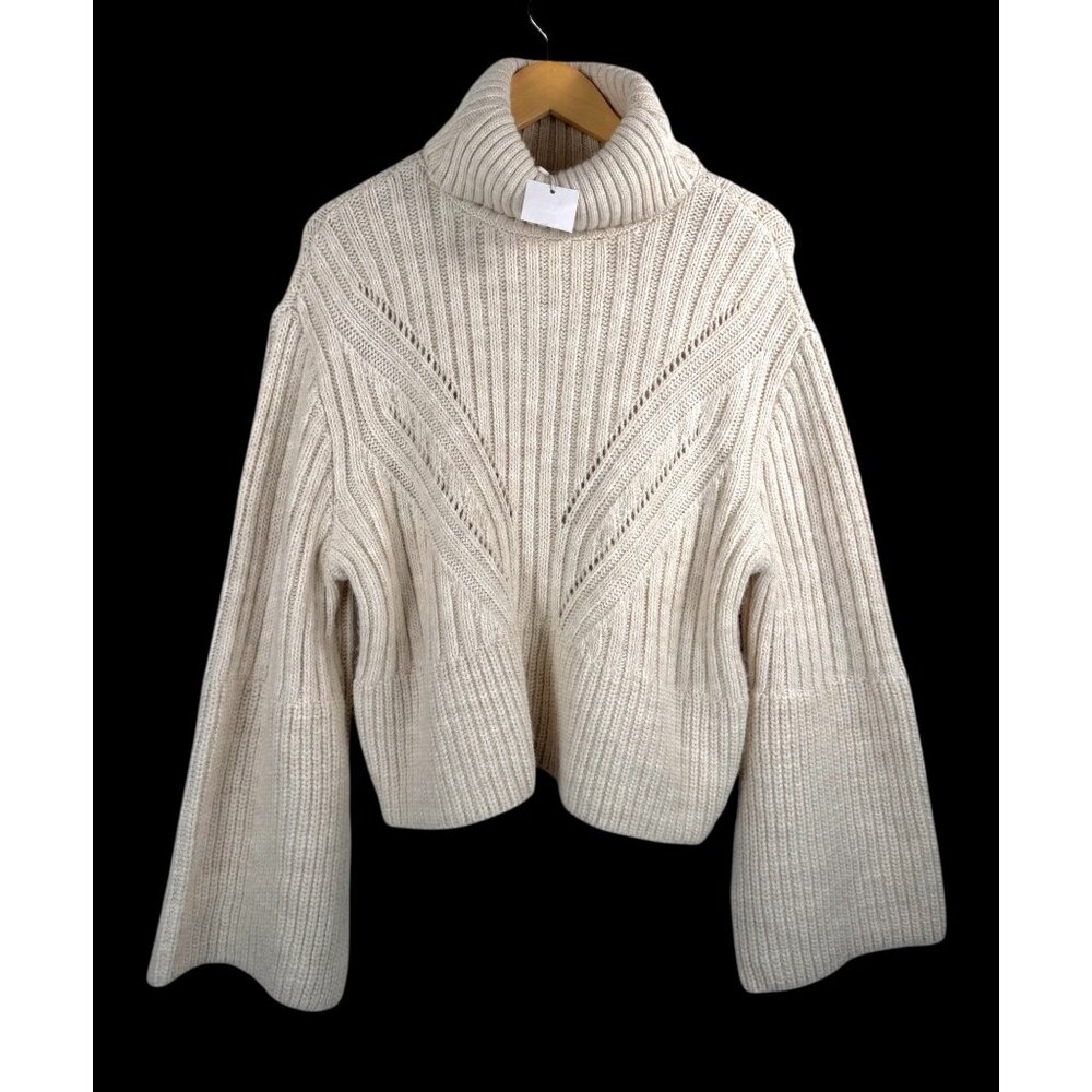 Mango bell sleeves chunky cable knit turtle neck oversized sweater cream sz M